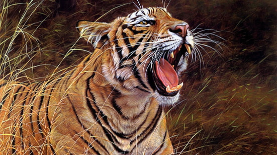 bengal tiger, artwork, artistic, painting, carnivorous, painting art, snout, grass, organism, wildlife, whiskers, big cats, terrestrial animal, fauna, roar, mammal, tiger, HD wallpaper HD wallpaper