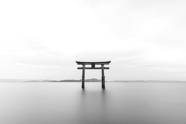 тории, ворота, озеро, монохромный, фотография, Япония, длительная выдержка, HD обои