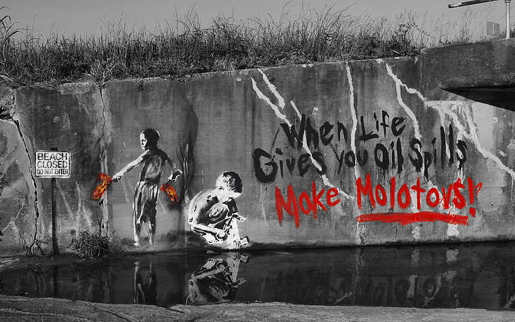 white and black reach closed artwork, children, wall, the inscription, graffiti, figure, a Molotov cocktail, stensil, when life gives you oil spills make molotovs, stencil, HD wallpaper