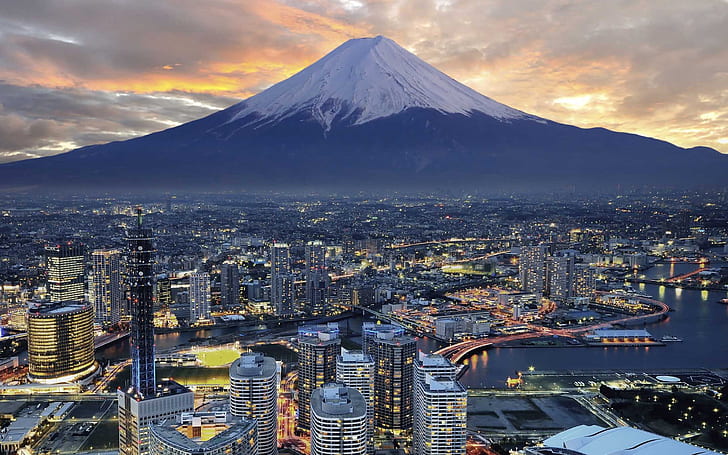 Mount Fuji, Japan, mountains, city, urban, HD wallpaper