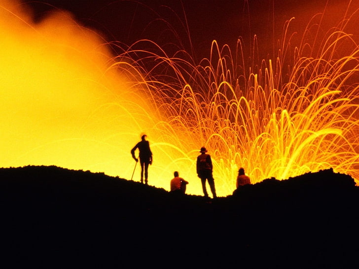 неподвижная шерсть, фотография фейерверков, Гавайи, извержение, группа людей, дым, силуэт, длительная выдержка, вулкан, лава, HD обои