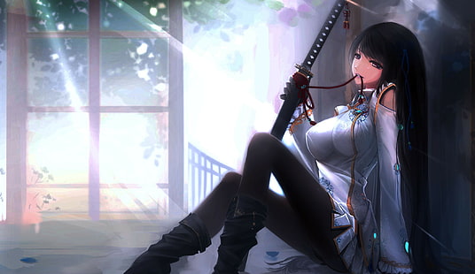 Anime Girls, Katana, Pantyhose, Sitting, anime girls, katana, pantyhose, sitting, HD wallpaper HD wallpaper
