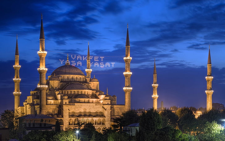 Hagia Sophia, Turquia, árvores, noite, luzes, Istambul, A mesquita do sultão Ahmet, Turquia, HD papel de parede