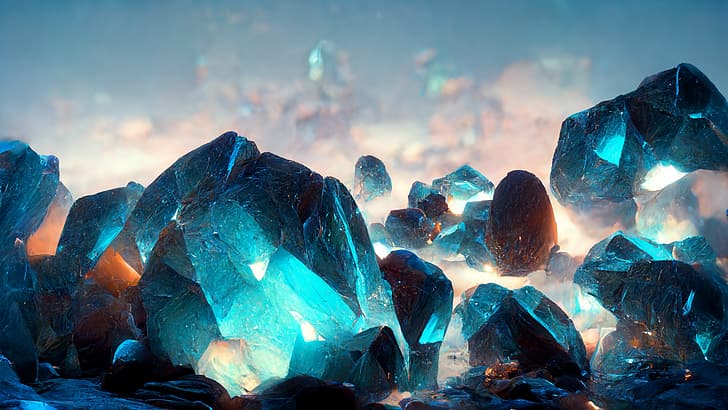 синий, кристалл, кристаллы льда, пещера, облака, HD обои