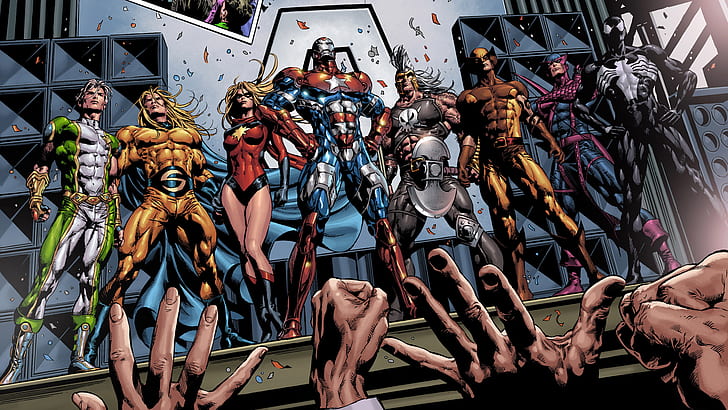 Captain America Wolverine Venom Dark Avengers HD, плакат на героите на Marvel, анимационен филм / комикс, тъмно, отмъстители, Америка, капитан, росомаха, отрова, HD тапет