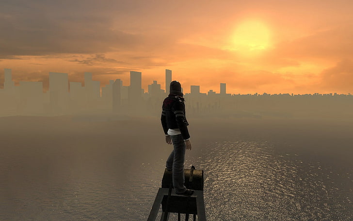 jaqueta preta, videogames, captura de tela, paisagem urbana, lago, protótipo, olhando para longe, HD papel de parede