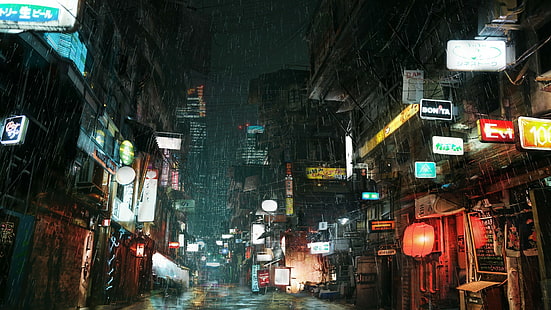 calle, anuncios, cyberpunk, luces, ciudad, lluvia, Fondo de pantalla HD HD wallpaper