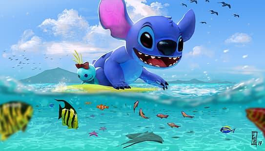 mare, arte, Stitch, bambini. estate, il giorno di Stitch in spiaggia, George Hernandez, Sfondo HD HD wallpaper
