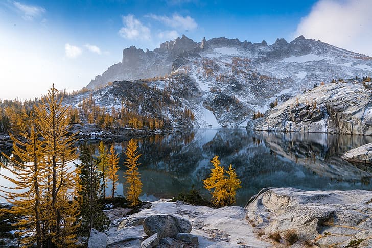 autumn, trees, mountains, lake, reflection, Washington, The cascade mountains, Washington State, Cascade Range, Leprechaun Lake, HD wallpaper