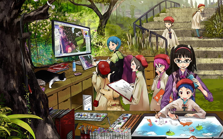 female anime characters, fine, school, girls, art, paint, HD wallpaper