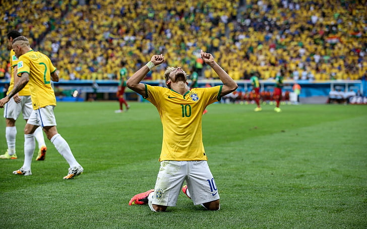 men's yellow soccer jersey, neymar, fifa, football player, soccer, world cup 2014, brazil, HD wallpaper