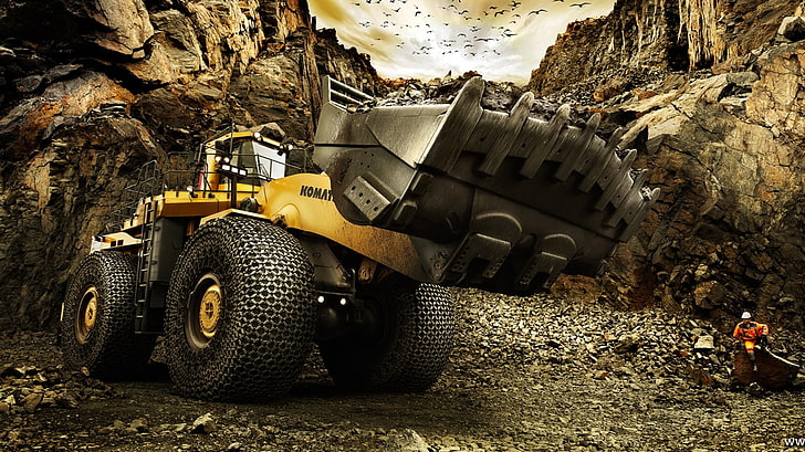 yellow and black bulldozer, construction vehicles, vehicle, men, work, digital art, HD wallpaper