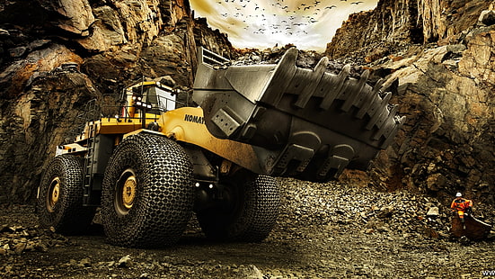 yellow and black bulldozer, construction vehicles, vehicle, men, work, digital art, HD wallpaper HD wallpaper
