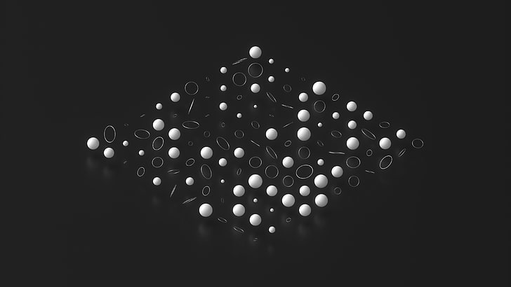 black and white beads, diamond shape white illustration, shapes, sphere, reflection, planet, abstract, HD wallpaper