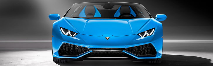 синий автомобиль Lamborghini, автомобиль, Lamborghini Huracan LP 610-4, Spyder, кабриолет, несколько дисплеев, два монитора, HD обои