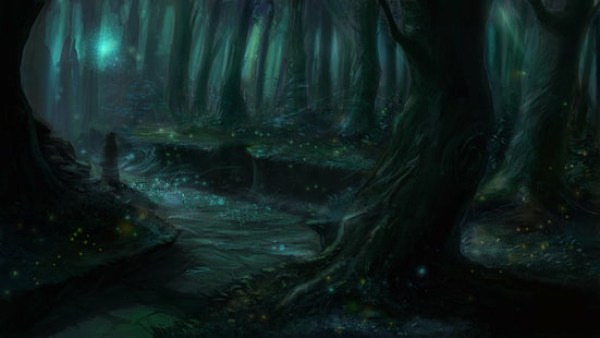 Аниме, оригинал, гора, нощ, дърво, HD тапет HD wallpaper