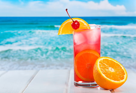 фруктовый коктейль, лед, море, лето, вишня, фон, апельсин, коктейль, цитрусовые, напиток, HD обои HD wallpaper