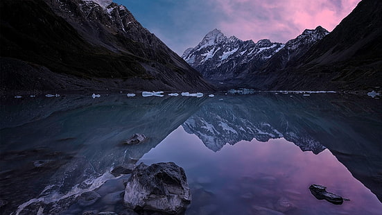 corpo de água ao lado da montanha com neve, natureza, paisagem, lago, montanhas, reflexão, água, pico nevado, gelo, nuvens, Nova Zelândia, HD papel de parede HD wallpaper