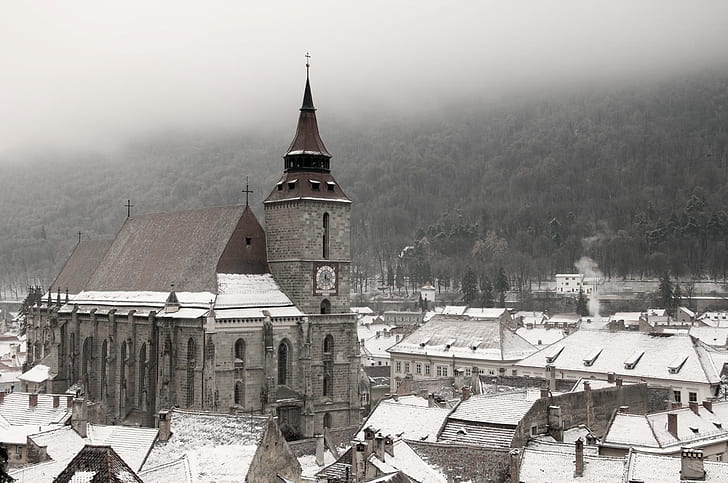 Brasov, Romania, snow, city, church, HD wallpaper