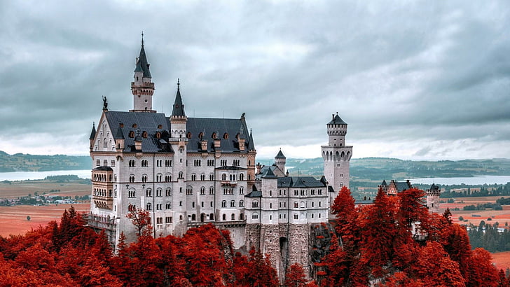 castle, neuschwanstein, palace, europe, germany, autumn, clouds, red trees, HD wallpaper