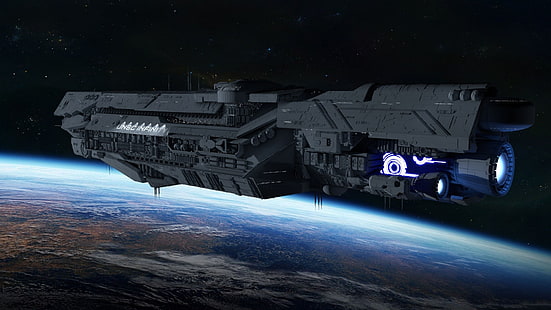 серый космический корабль, рендер, космос, планета, космический корабль, UNSC Infinity, Halo 4, Halo, Halo 5: Guardians, HD обои HD wallpaper