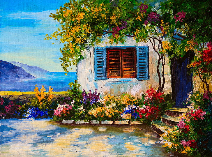 painting of house surrounded by flowers, flowers, house, river, window, shutters, beds, garden, HD wallpaper