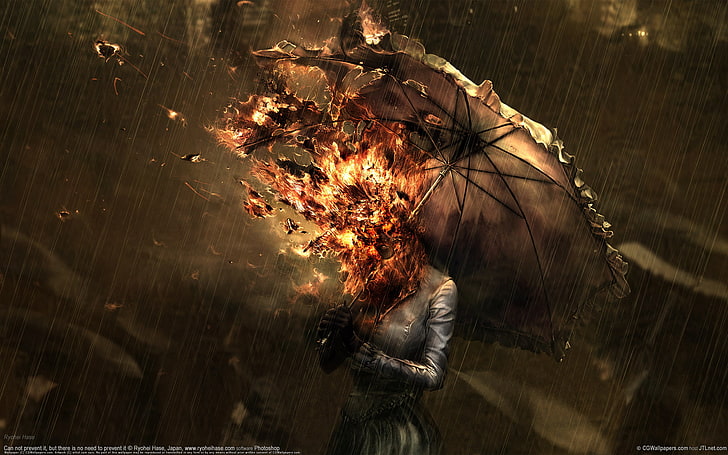Mujer en blanco de manga larga con sombrilla con cabeza explosiva ilustración, lluvia, fuego, paraguas, Fondo de pantalla HD
