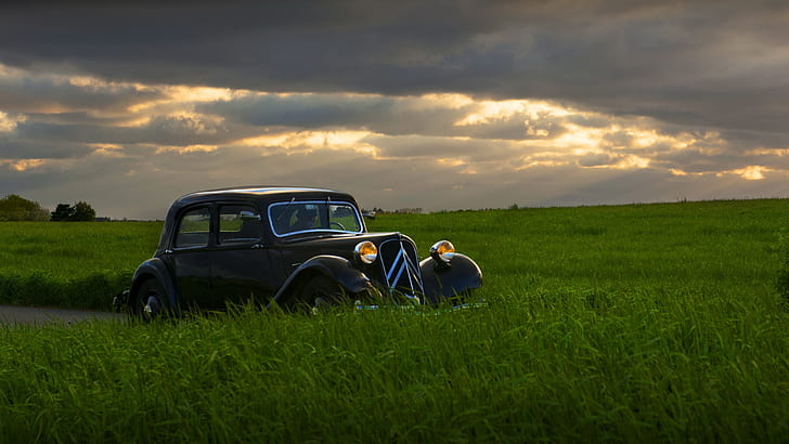 samochód, styl retro, pole, zachód słońca, Citroën, Tapety HD
