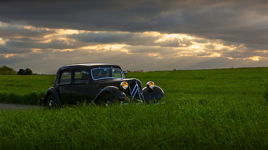 Auto, Retro-Stil, Feld, Sonnenuntergang, Citroën, HD-Hintergrundbild HD wallpaper