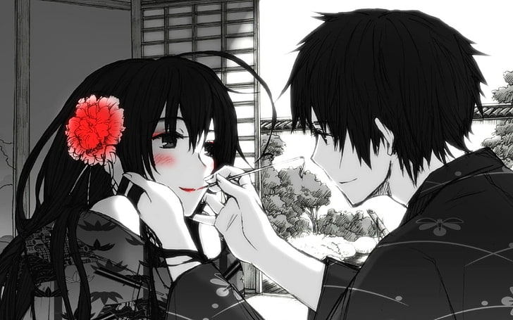 female and male anime character illustration, boy, girl, brush, lips, red, HD wallpaper