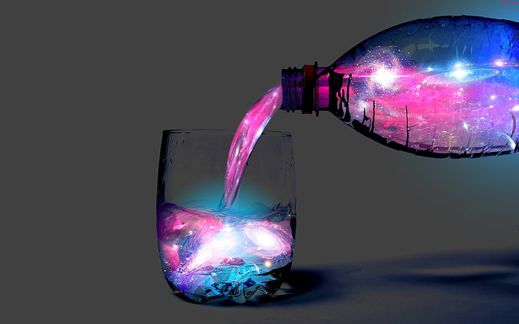 clear drinking g, galaxy, nebula, drinking glass, space art, digital art, liquid, HD wallpaper