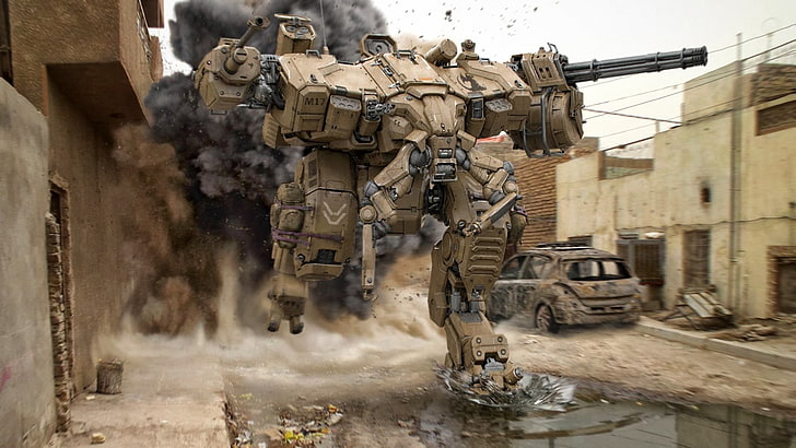 robot coklat, karya seni, seni digital, mech, robot, perang, militer, fiksi ilmiah, render, pertempuran, Wallpaper HD