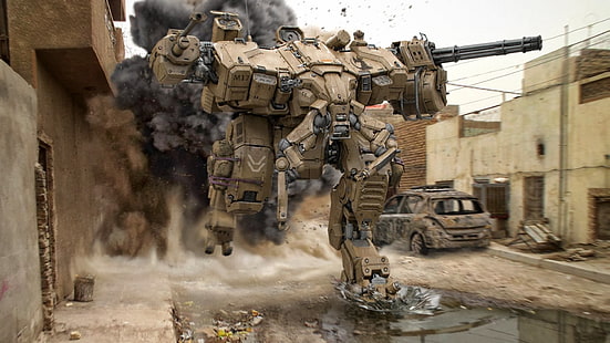 brown robot, artwork, digital art, mech, robot, war, military, science fiction, render, battle, HD wallpaper HD wallpaper