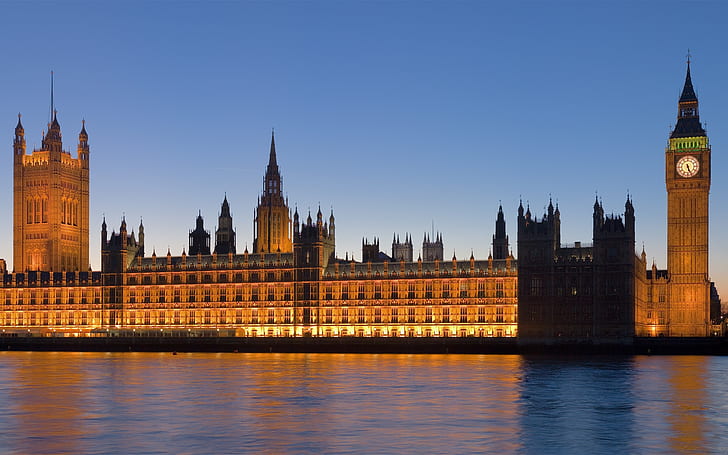 Parliament Building London, big ben, tamisa, lights, night, HD wallpaper