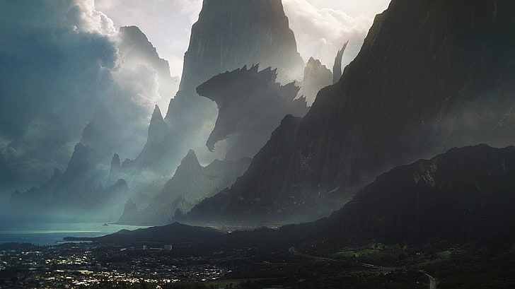 Godzilla wallpaper, artwork, Godzilla, sea, mountains, HD wallpaper