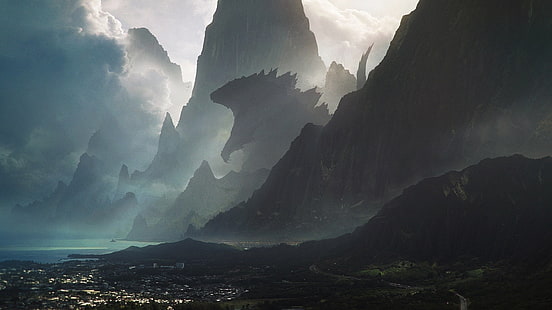 Fondo de pantalla de Godzilla, ilustraciones, Godzilla, mar, montañas, Fondo de pantalla HD HD wallpaper