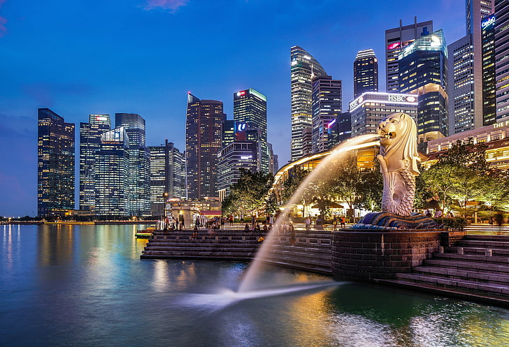 the city, fountain, SINGAPORE, MERLION PARK, HD wallpaper