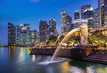 المدينة ، النافورة ، سنغافورة ، ميرليون بارك، خلفية HD HD wallpaper