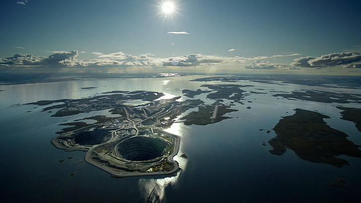 fotografia aérea da cidade, ilha, água, natureza, Canadá, paisagem, poço de minas, lago, vista aérea, raios de sol, sol, nuvens, horizonte, reflexão, meio ambiente, HD papel de parede