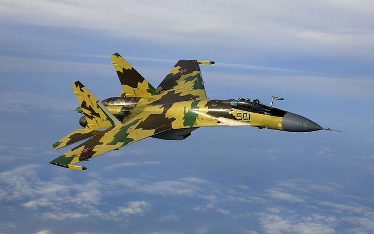 jetfighter hijau, coklat, dan kuning, pesawat terbang, jet, Sukhoi Su-35, Sukhoi, Wallpaper HD