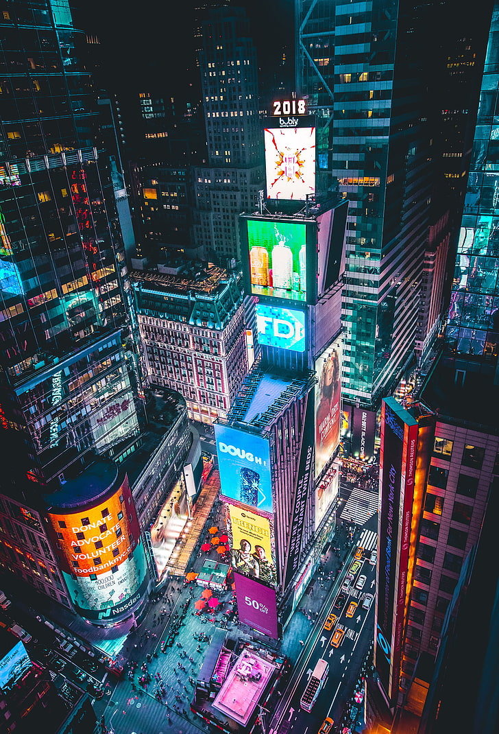 Times Square, Nowy Jork, neon, kolorowe, miasto, noc, antena, architektura, Tapety HD, tapety na telefon