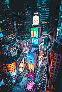 Таймс-сквер, Нью-Йорк, неон, красочно, город, ночь, антенна, архитектура, HD обои HD wallpaper