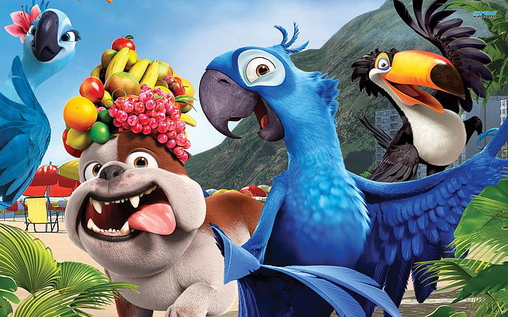 Cartel de la película de Río, perro, loros, fruta, Río, dibujos animados, Fondo de pantalla HD