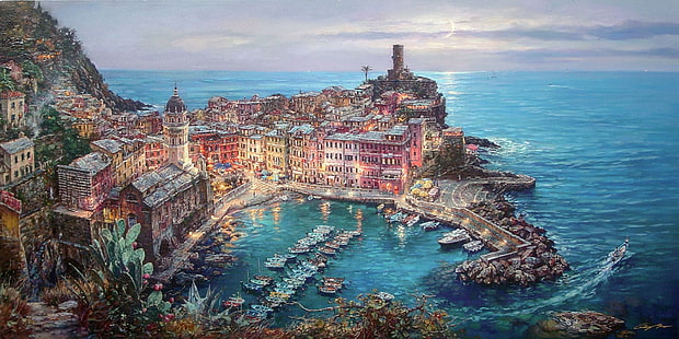 blue body of water, digital art, architecture, building, house, artwork, painting, Cao Yong, Vernazza, Mediterranean, Italy, town, cliff, evening, Moon, moonlight, sea, clouds, bay, boat, lights, old building, church, tower, rock, landscape, horizon, turquoise, HD wallpaper HD wallpaper