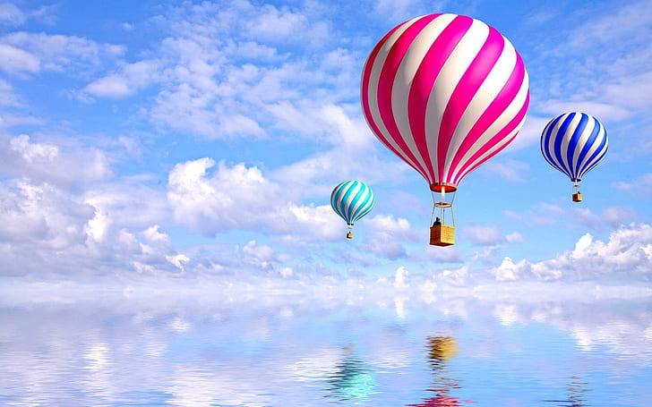 Colors In The Air, tres globos aerostáticos, reflejo, reflejo de agua, agua, globos aerostáticos, azul, globos, belleza, aviones, Fondo de pantalla HD