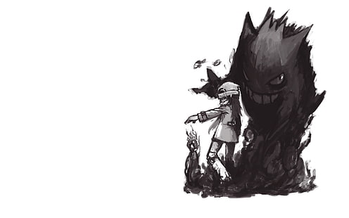 Pokemon Gengar с тренером, иллюстрация, черный клипарт Gengar, покемон, Gengar, видеоигры, минимализм, монохромный, белый фон, HD обои HD wallpaper