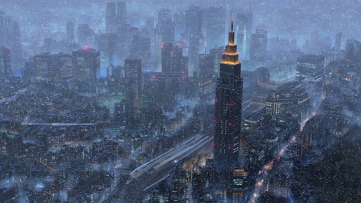 tapeta pejzażowa, ilustracja miasta nocą, Makoto Shinkai, Kimi no Na Wa, pejzaż miejski, Tapety HD