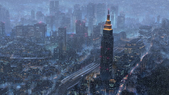 papel de parede paisagem urbana, ilustração da cidade durante a noite, Makoto Shinkai, Kimi no Na Wa, paisagem urbana, HD papel de parede HD wallpaper