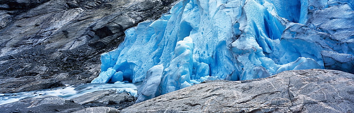серый и синий валун, пейзаж, лед, HD обои