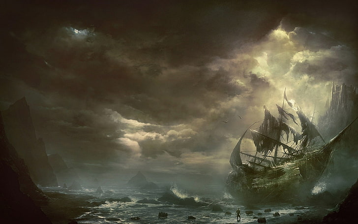 bateau galion illusration, montagnes, nuages, mer, bateau, voilier, détruit, Fond d'écran HD